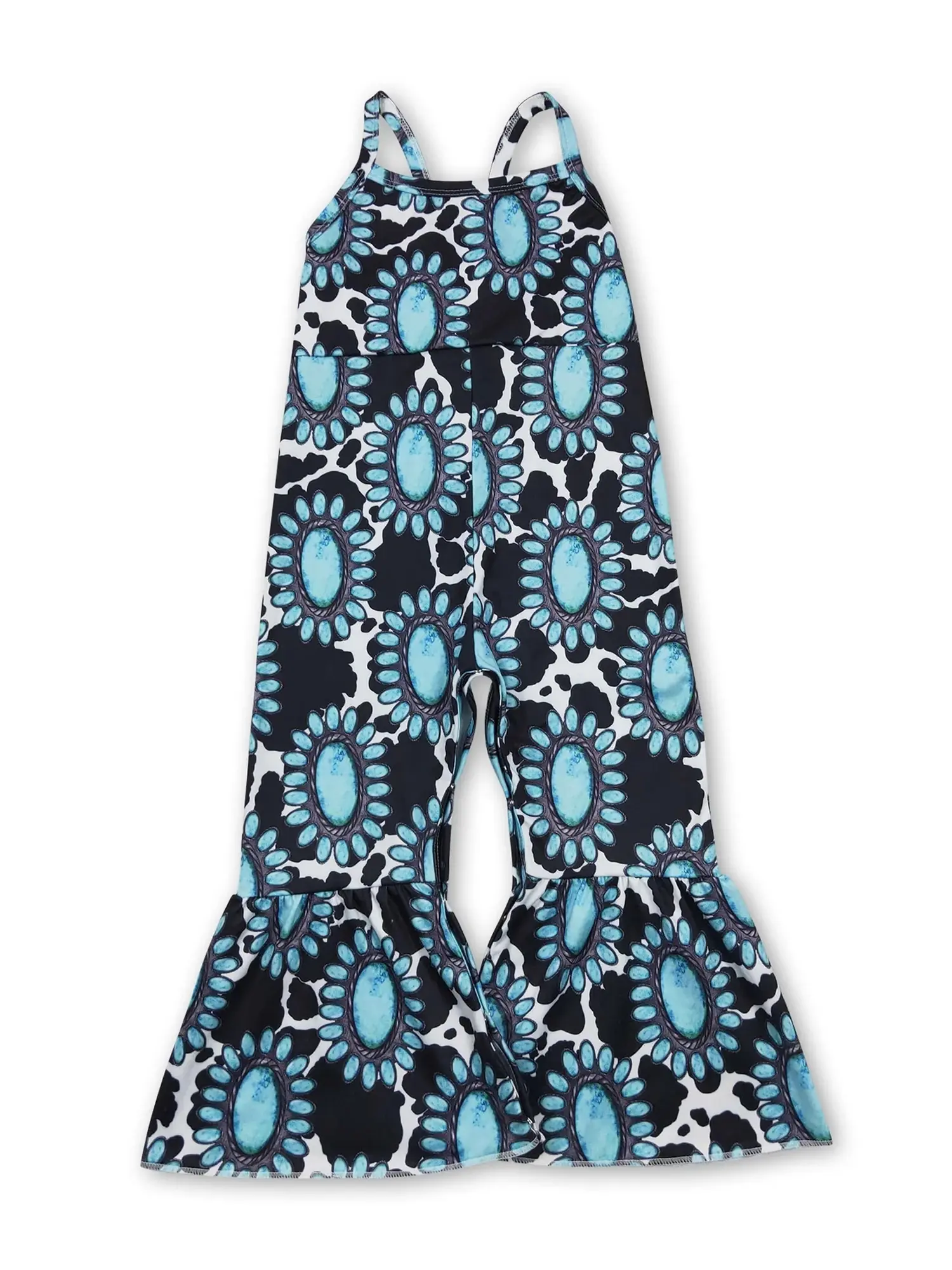 Western Turquoise Cow Printed Girls jumpsuit, Jumpsuits, Affordable Fashion