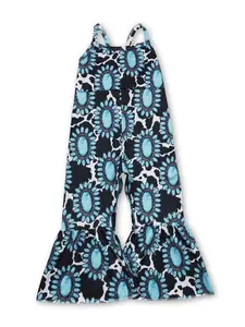 Western Turquoise Cow Printed Girls jumpsuit