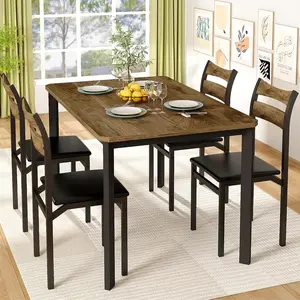Recaceik Dining Table Set for 4, 43.3" Dining Room Table with 4 Upholstered PU Leather Chairs, Modern Wood Kitchen Table and Chairs Set, Brown Furniture
