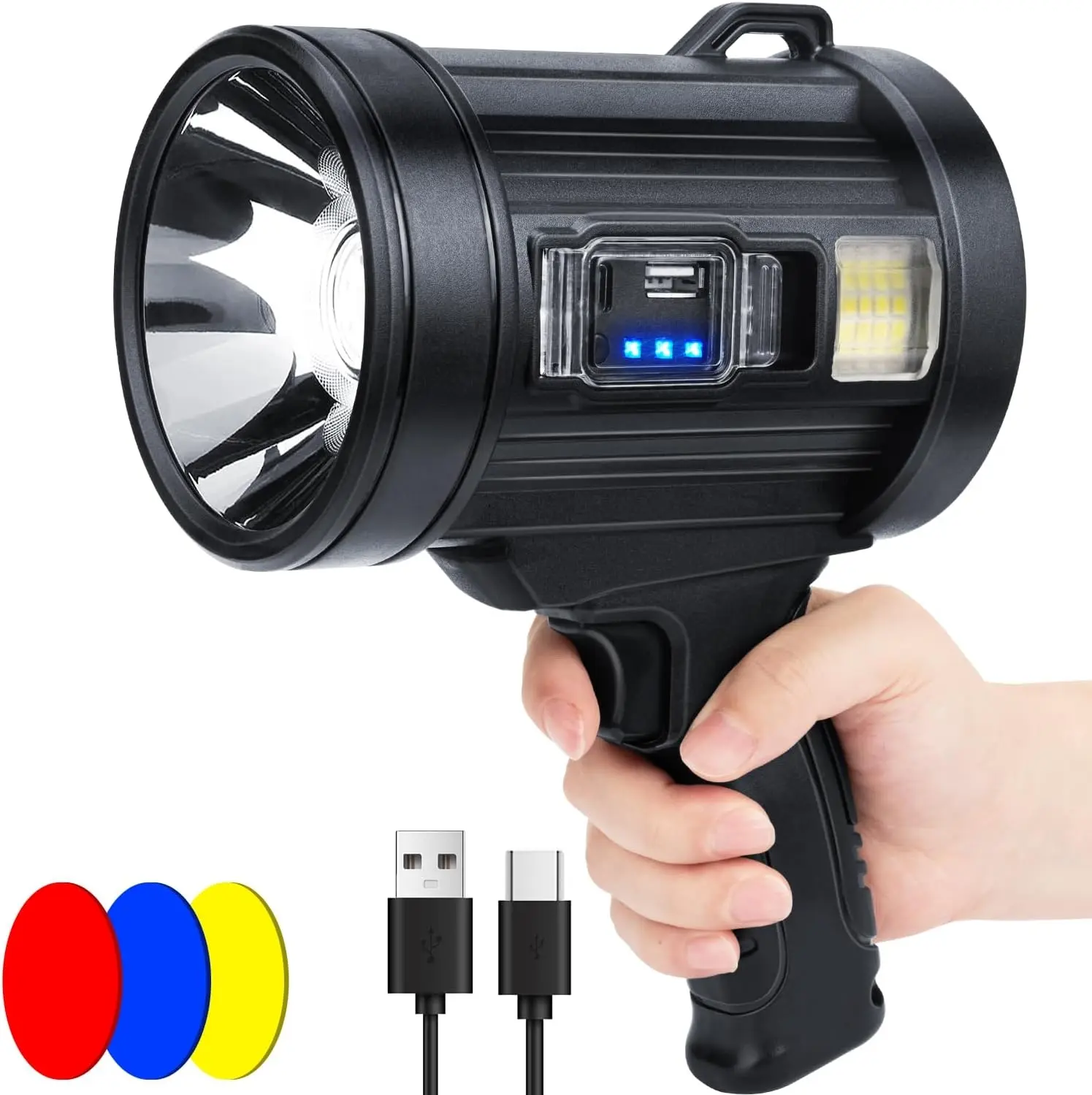 Rechargeable Spotlight Flashlight, Spot LightHandheld Spot Lights, LED Spotlights withCOB Light,Super Bright Hand Held Spotlightfor Boat