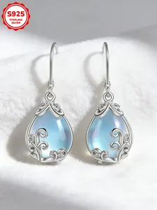 Elegant Sexy 925 Sterling Silver Water Drop Moonstone Dangle Teardrop Earrings for Women, Fashion Jewelry for Daily Wear, Ladies' Ear Accessories, Versatile Earrings