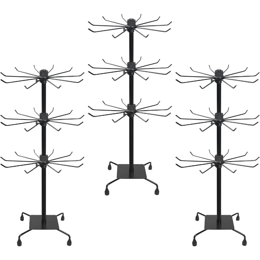 3 Pcs Rotating Display Stand 3 Tier Jewelry Display Rack with Hooks Spinning Keychain Holder Metal Earrings Display Organizer for Selling Necklace Display Supplies (Black,27.76 x 11.8 Inches)