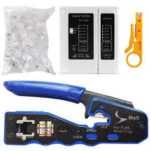 SkyQ RJ45 Crimping Tool Kit for Pass Through Network Connectors - All-in-One Ethernet Crimper Cutter Stripper Tester with 20 Cat6 Connectors Included for Cat5 & Cat6 Compatibility