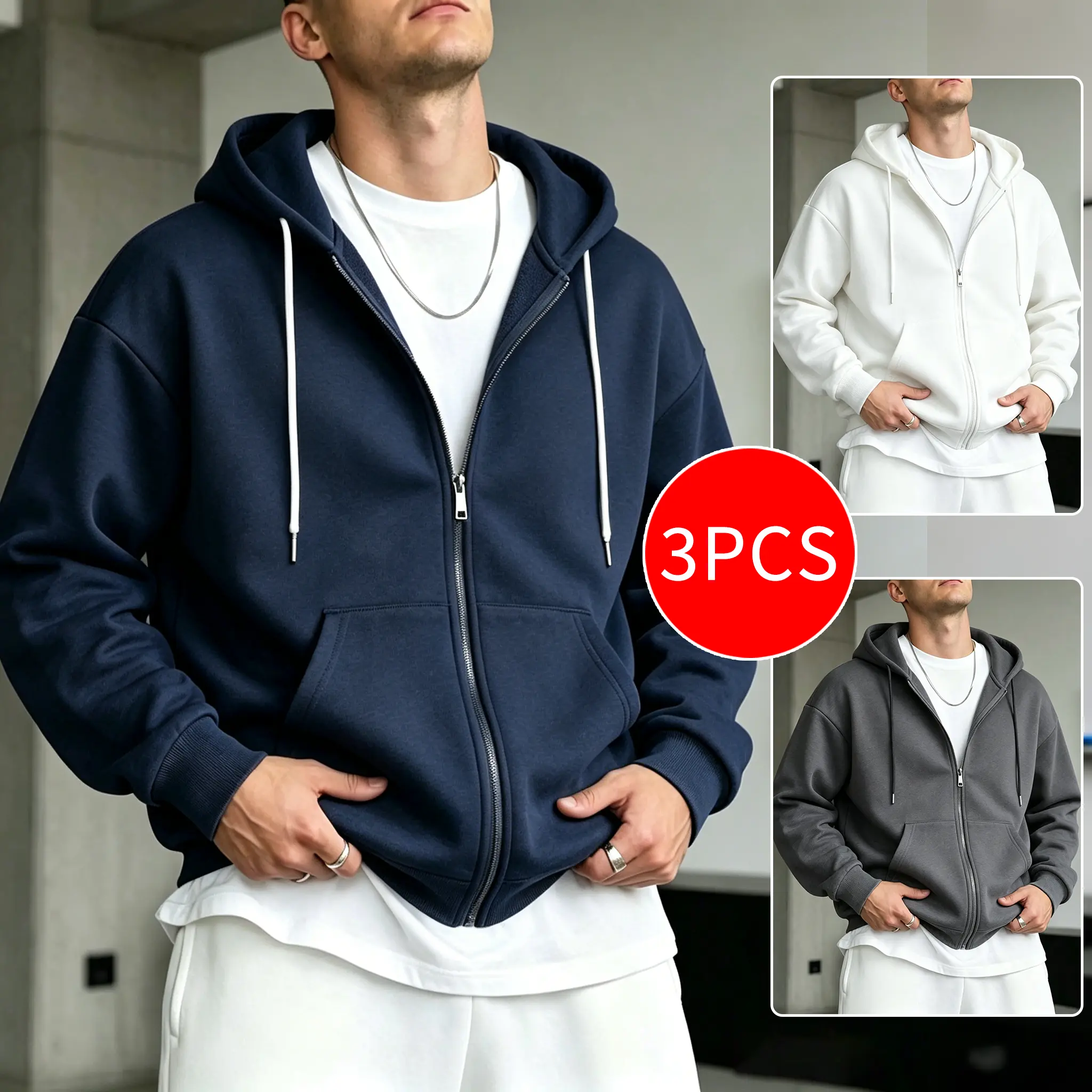 Men’s Heavyweight Soft Grey Basic Zip-Up Hoodie - Baggy Oversized, Plain, Drawstring Pocket Sweatshirt, Sporty Chic, Casual OOTD, Outfit Inspiration, Autumn-Winter Street Style Loose-Fitting Mens Top