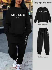 Women's 2-Piece Sweatshirt Set, Milano Letter Print, Long Sleeve Round Neck, Fitted, Drawstring Pants, Casual Fall Winter