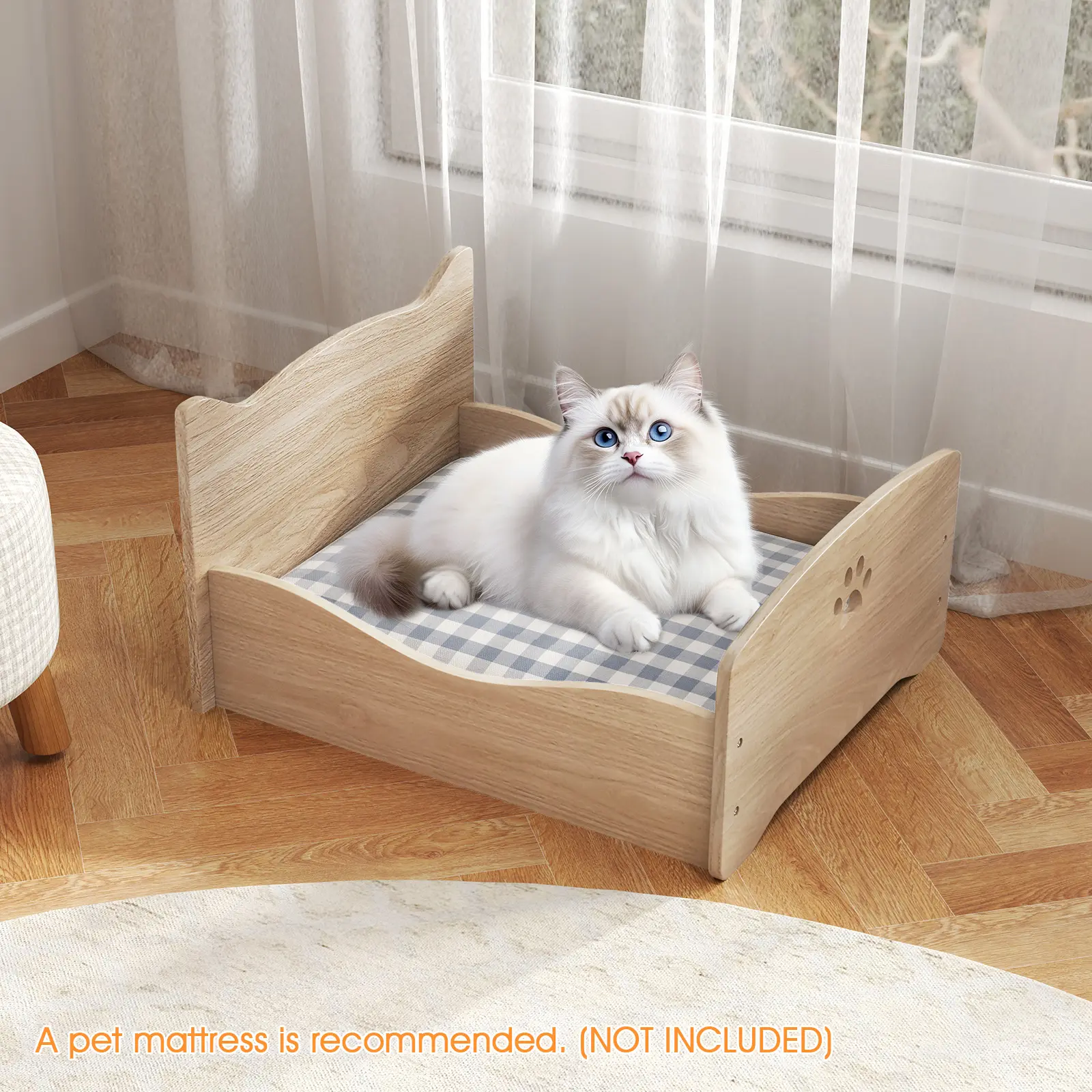 COSTWAY - Elevated Pet Bed Frame with Rails and Cute Headboards-Walnut