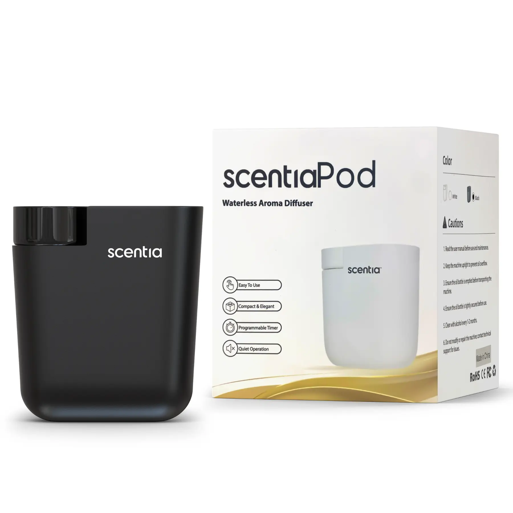 Waterless Plug-In Scent Diffuser with App Control, Cold-Air Nebulizer, 600 Sq Ft Coverage, Hotel-Inspired Essential Oil Blen Included, Housewarming Gift – Scentia, Black
