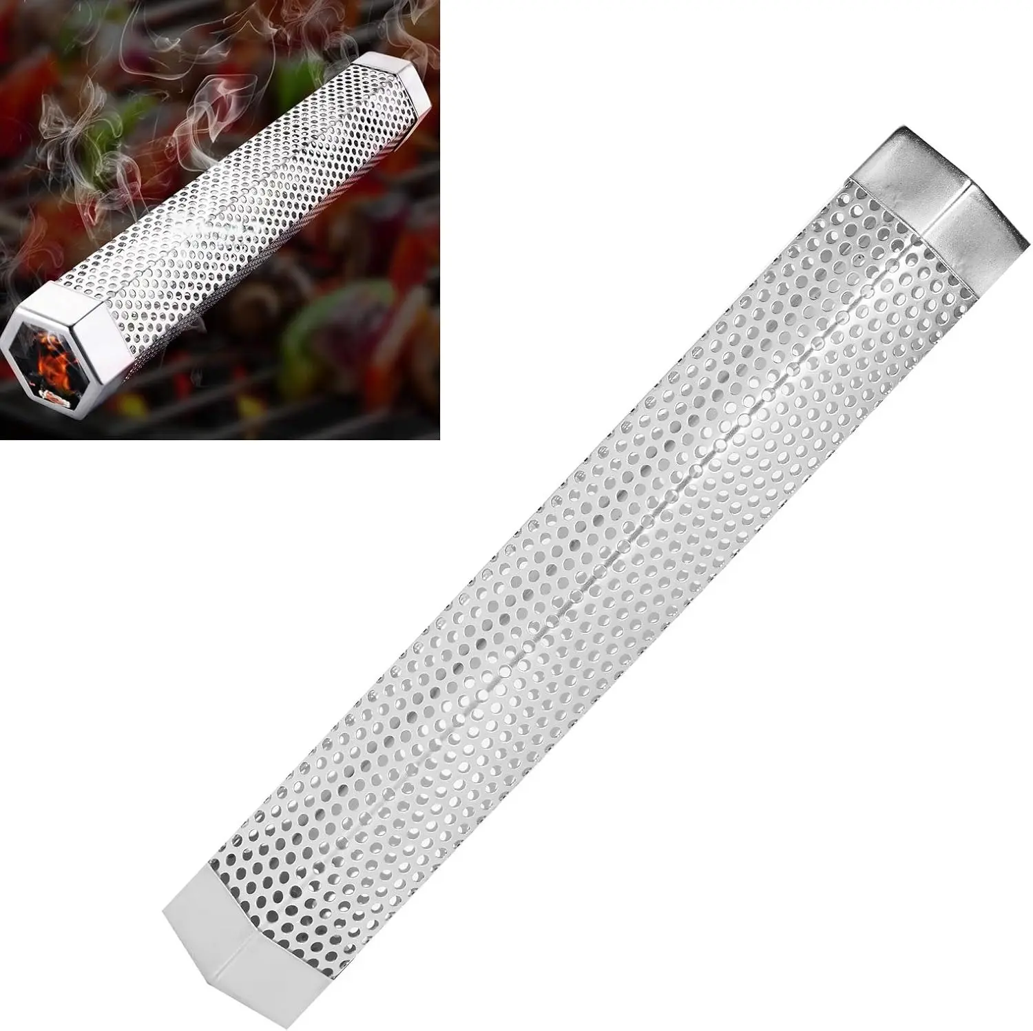 304 Stainless Steel Hexagonal Column Grill Smoker Tube, Thick Grilling Accessory for Charcoal & Open Flame Grills - BBQ Tools, Barbecue Accessories for Outdoor Cooking