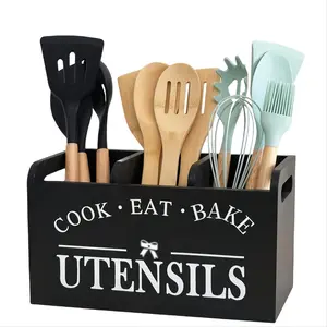 Wooden Kitchen Storage Box with Dividers, Silverware Organizer for Tabletop, Utensils, No Power Required, Rectangular Design, 3 Compartment