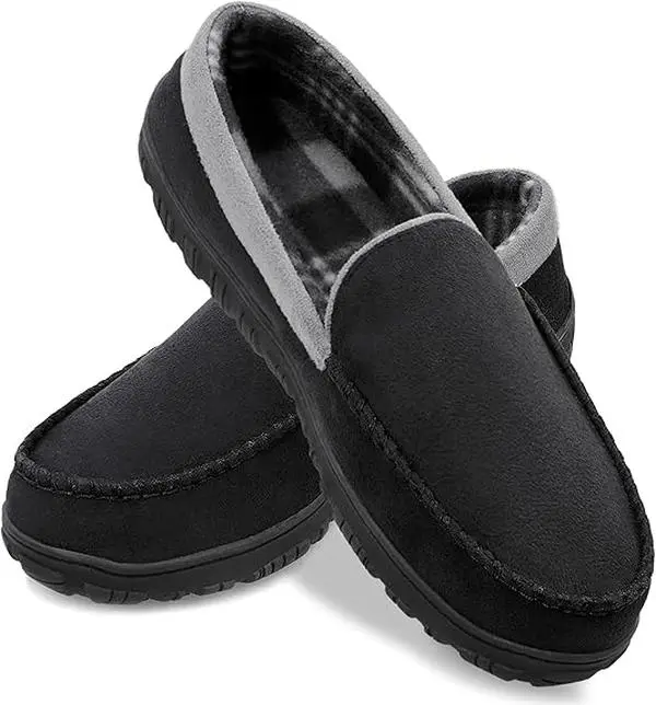 SHOESLOCKER Men's Round Toe Casual Slip-On Moccasin Slippers - Memory Foam Cushioned, Soft Fabric Interior, Non-Slip TPR Plush, Indoor/Outdoor, All Seasons, Black/Brown/Grey, Comfortable & Stylish, Boy Flipflop
