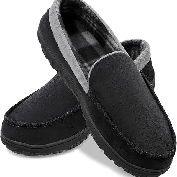 SHOESLOCKER Men's Round Toe Casual Slip-On Moccasin Slippers - Memory Foam Cushioned, Soft Fabric Interior, Non-Slip TPR Plush, Indoor/Outdoor, All Seasons, Black/Brown/Grey, Comfortable & Stylish, Boy Flipflop tiktokshopbacktoschool