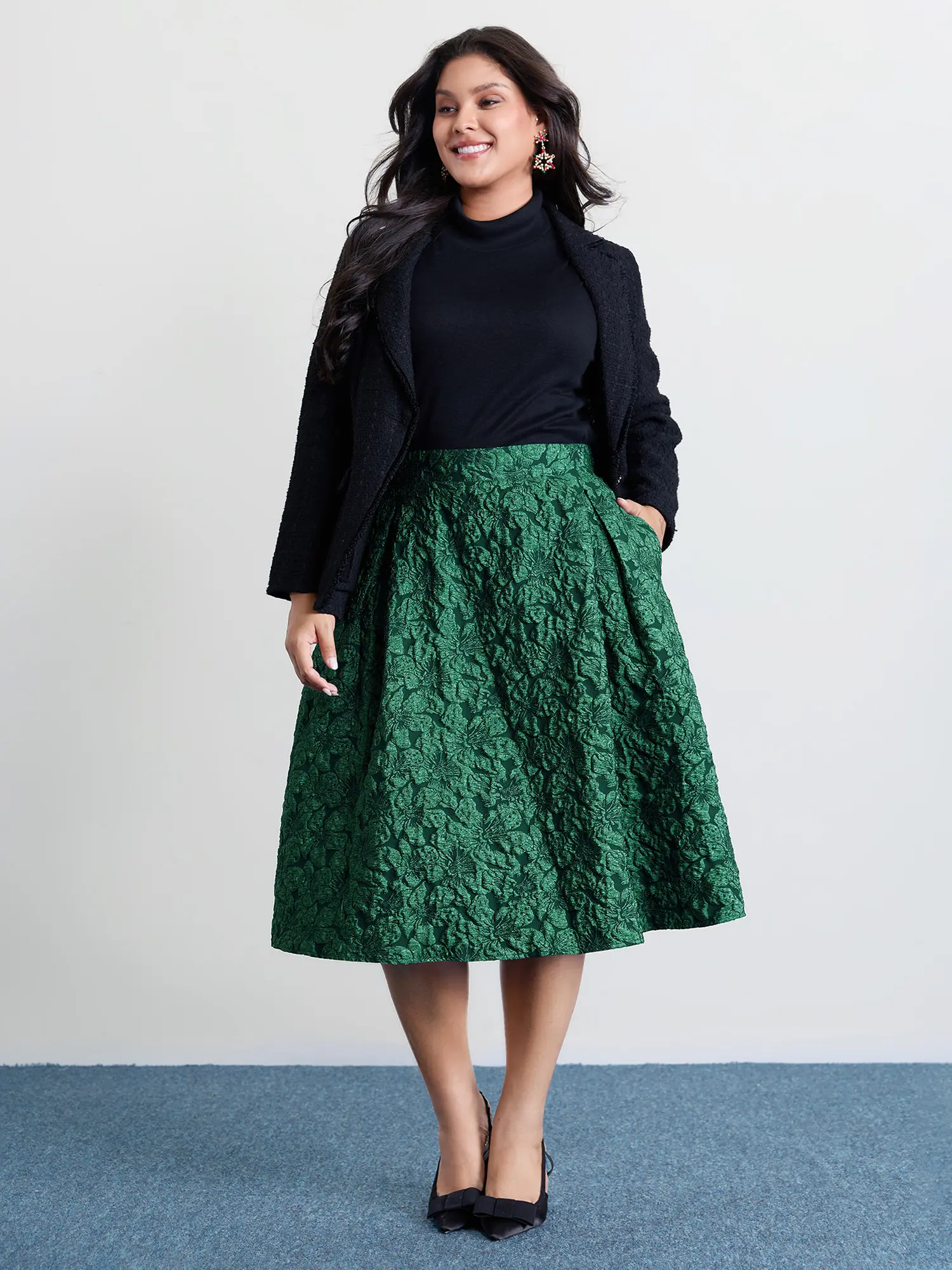 BLOOMCHIC Women's Plus Size Dark Green Floral Jacquard Pinch Pleated Midi Skirt - Bodycon Fitted, Low Stretch, Slanted Pocket, Classic Lady Bottoms, 100% Polyester Smooth Garment, M-6X, 2026 Summer Pick, Pinch Pleated Look, Plus Size Fashion, Midi Skirts,