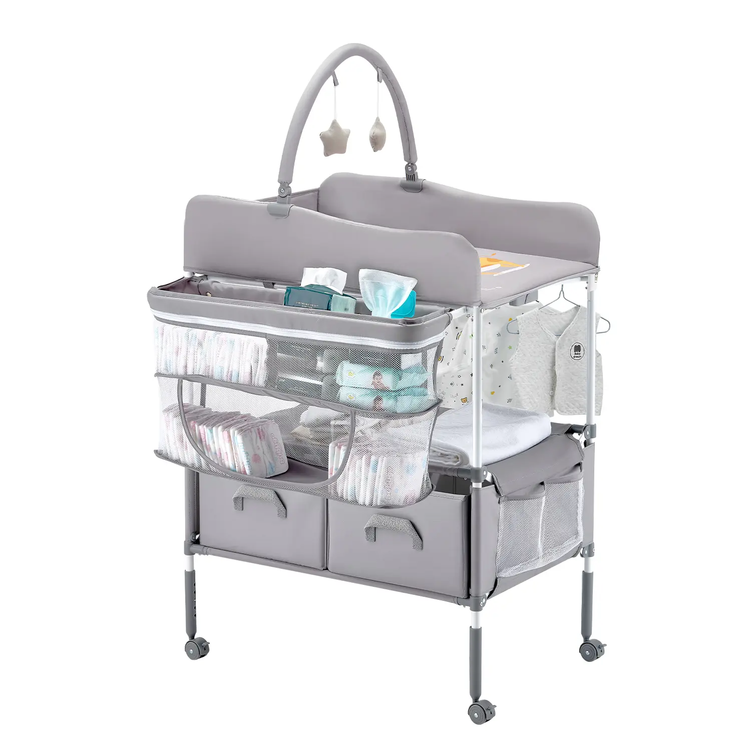 【SummerFinds】VEVOR Baby Changing Table, Foldable Diaper Change Station with 2 Fabric Drawers, Side Basket & Hanging Rod, Adjustable Height Portable Changing Table with Lockable Wheels & 2 Star Toys, Light Gray