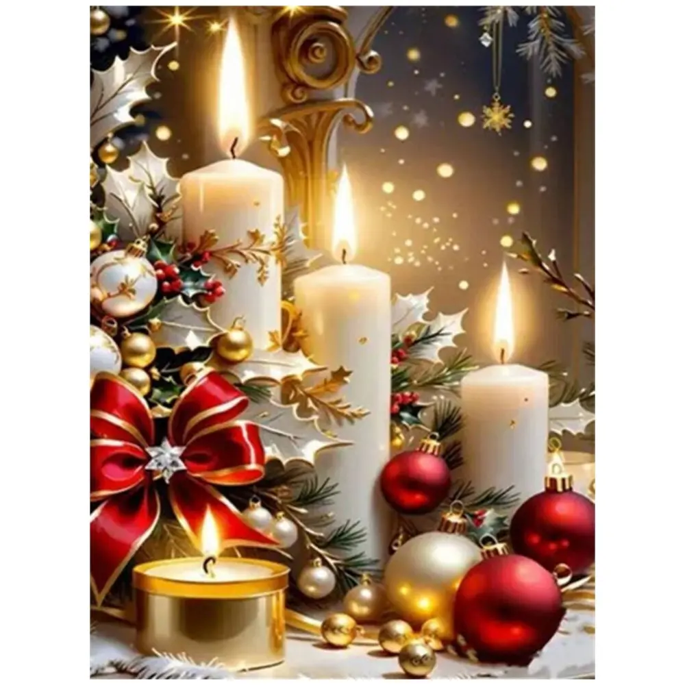 Christmas candles with ornaments and pine branches wall art, Christmas decorations, Home ornament, multiple sizes available including diamonds, 5D DIY diamond painting set decor holiday birthday art gift