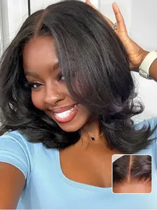 100% human hair Yaki Straight Bob Wig 13x4 HD Pre Cut Short Bob Lace Front Wigs Human Hair with Bleached Invisible Bye Bye Knots Bob Wig  180% Density