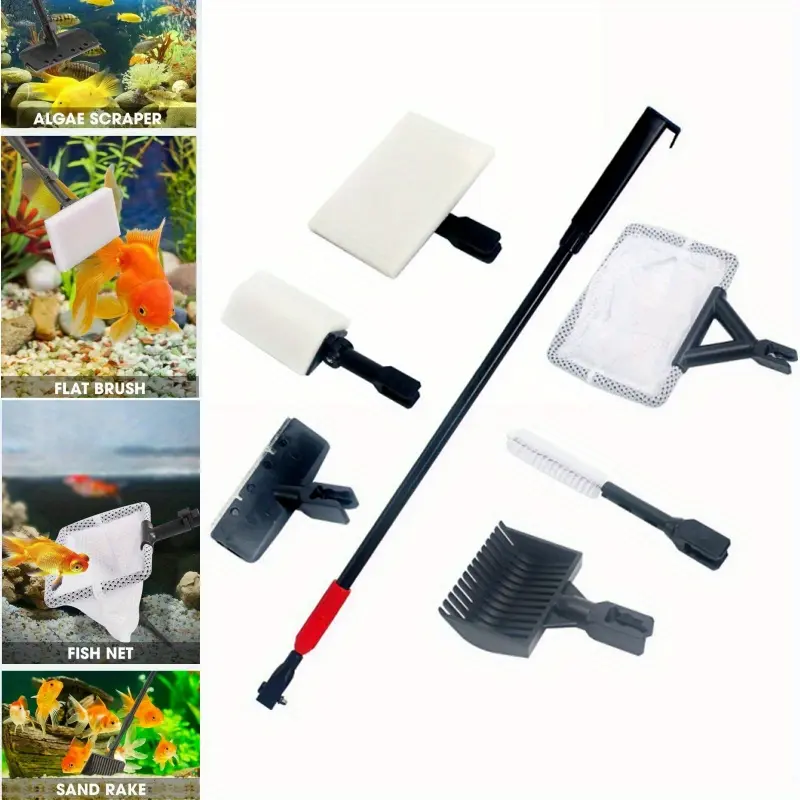 Aquarium Fish Tank Six-in-One Multifunctional Retractable Cleaning Set Includes Fish Catching Cleaning Brush, Algae Scraper, Sand Shovel, Pipe Cleaner, and Right Angle Cleaning Brush for Multi-Purpose Cleaning Kit