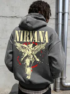 Nirvana Band Angel Print Hoodie, Vintage Washed Cotton Pullover, Fall & Winter Streetwear, Warm Skin-Friendly Fabric, Loose Fit Design