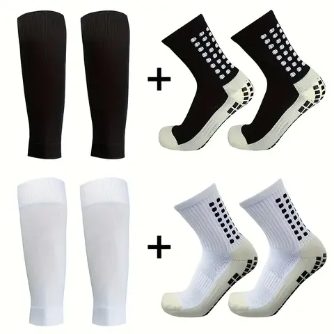 Men's 2-3-Piece Anti-Skid Sporty Socks & Shin Guard Sleeves Set, Plain All-Seasons Polyester Grip Socks, Machine-Washable Athletic Performance Accessory
