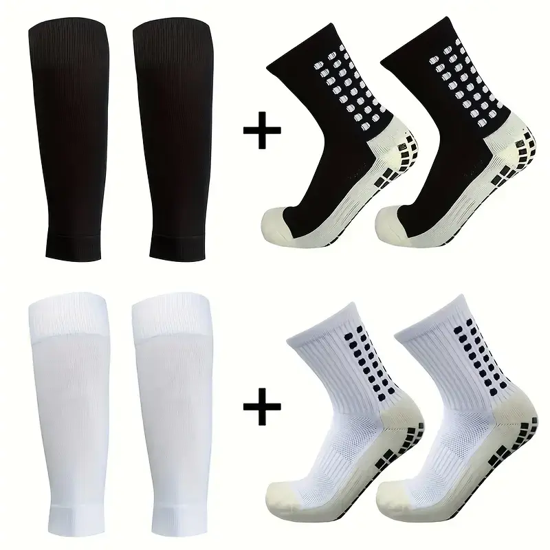 Men's 2-3-Piece Anti-Skid Sporty Socks & Shin Guard Sleeves Set, Plain All-Seasons Polyester Grip Socks, Machine-Washable Athletic Performance Accessory