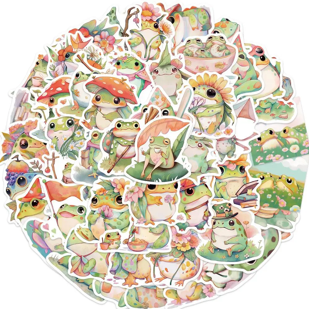Cute Frog Pattern Sticker, 50pcs/set Waterproof Self Adhesive Sticker, DIY Sticker for Gift Greeting Card Water Bottle Laptop Phone Cellphone Personalized