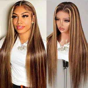 Ombre Honey Blonde 4/27 Highlight Straight 13x6 HD Lace Frontal Wig, 200% Density Full & Thick Human Hair Wigs for Women