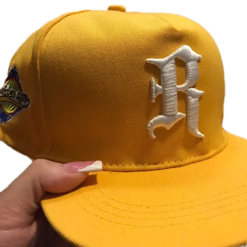 Mens Hat - Yellow Snapback with White Embroidered Letter R and Side Patch