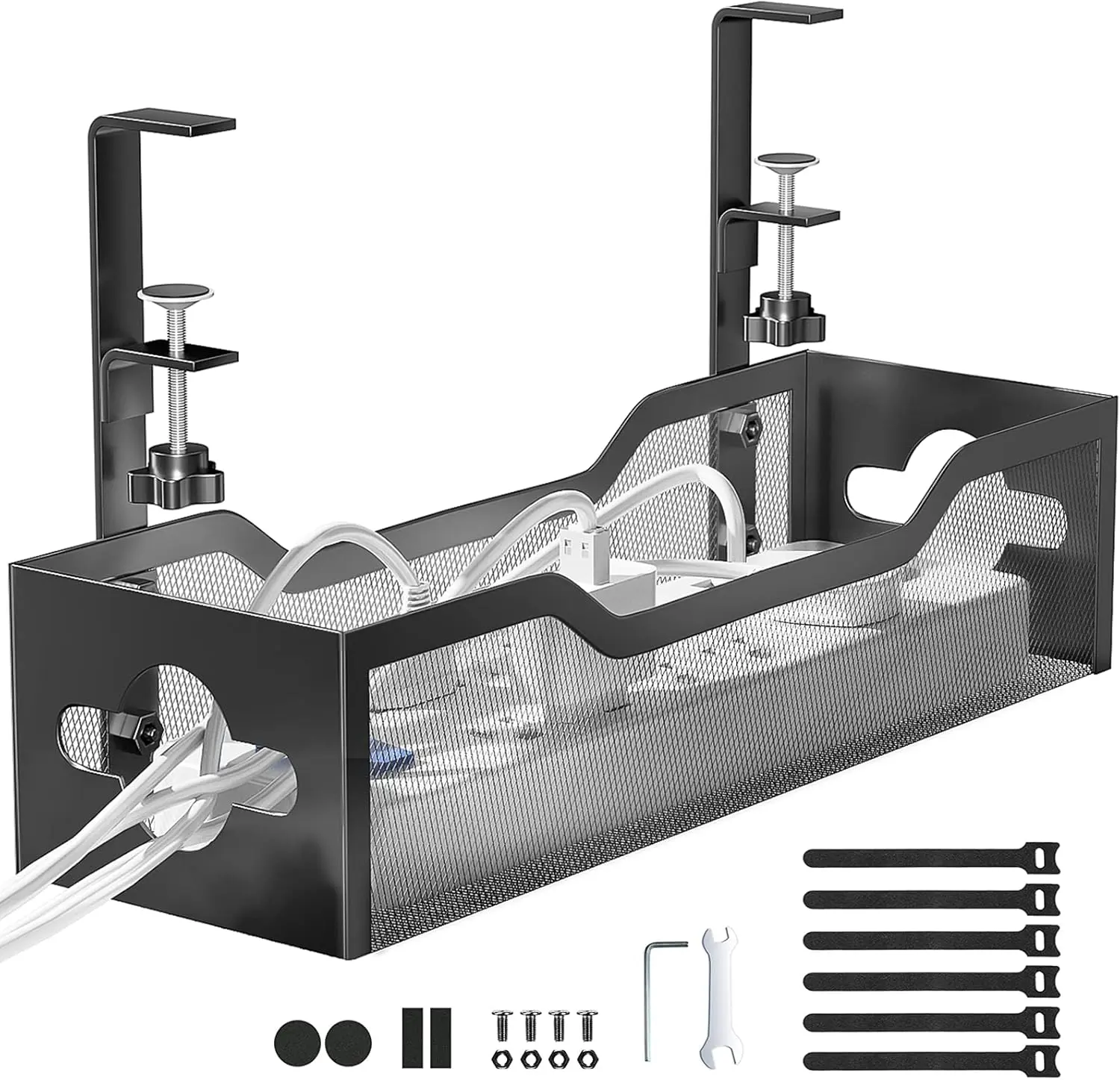 Under Desk Cable Management Tray No Drill, Metal Mesh Cable Management Under Desk with Clamp Mount, 2 Hole Cable Tray with Wire Management and Cord Organizer for Home Office Standing Desk
