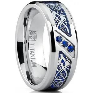 Men's Titanium Wedding Ring Band with Dragon Design Over Blue Carbon Fiber Inlay and Blue Cubic Zirconia