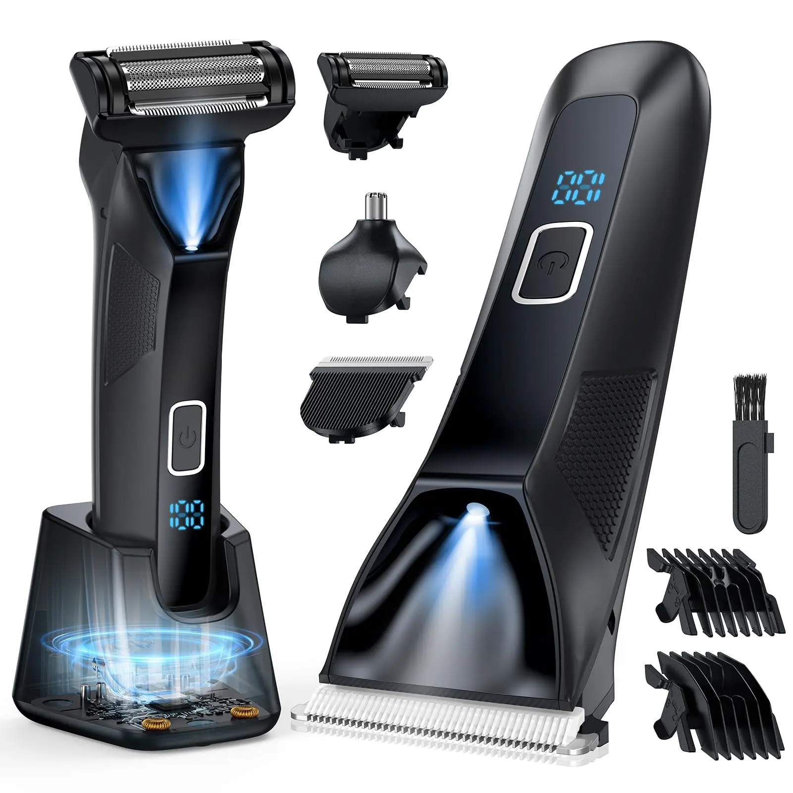 TailsUp-Manscape Body Hair Trimmer for Men, 3-in-1 IPX7 Waterproof Groin & Ball Shaver, Electric Razor Mens Grooming Kit, Rechargeable Cordless with SkinSafe Ceramic Blade & Nose Hair Attachment