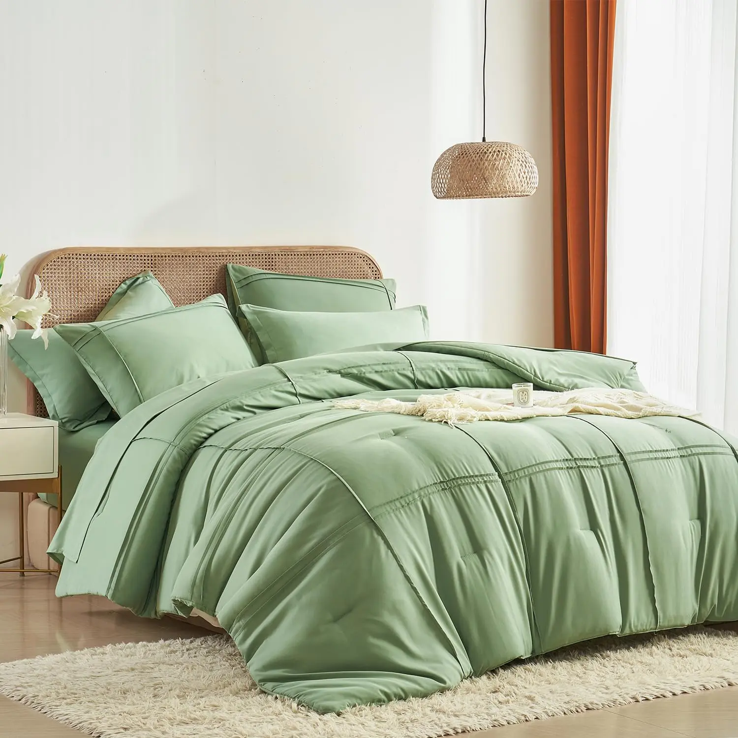 Sage Green Queen 7-Piece Bedding Set - Grid Stitching Pinch Pleat Comforter, Striped Textured Microfiber Sheets, Geometric Design, All Seasons Use, Ideal as a Birthday Gift