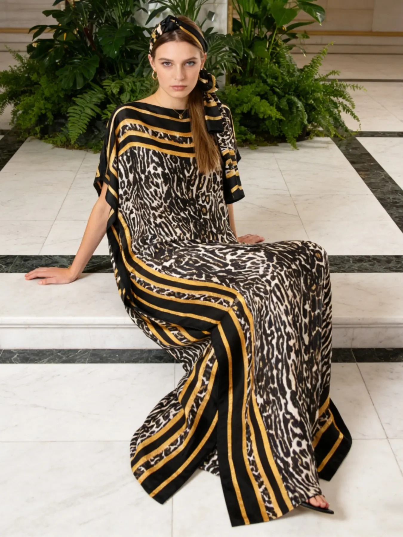 Women's Fashion Kaftan Robe, paired with a scarf from the same collection - Leopard print with black and gold stripes | Oversized cape-style extra-long kaftan dress, suitable for evening cocktail parties