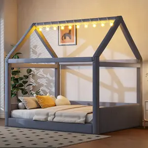 Full Size Upholstered House Bed with Roof, Wood Daybed Montessori Floor Bed Frame with LED Light Strips and Slats, No Box Spring Needed