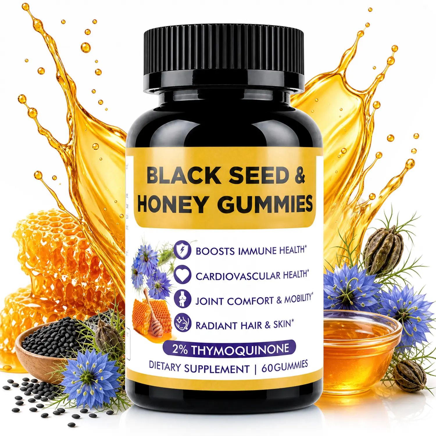 Black Seed Oil Honey Gummies - 60ct Gelatin-Free Immunity Boost Supplement, Hair Skin Nails Support, Natural Antioxidant, Gut Health & Debloat Aid, Gummy