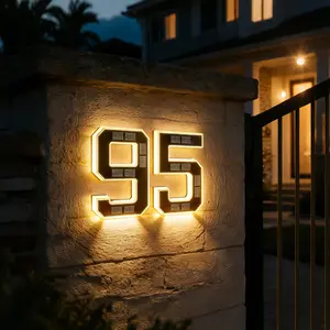 Isunmea 9 Inch Solar Lighted House Numbers Waterproof LED Backlit Illuminated Signs, Modern Light Up House Address Numbers for Outside Exterior Wall, Personalized Home Door Number Decor Plaque