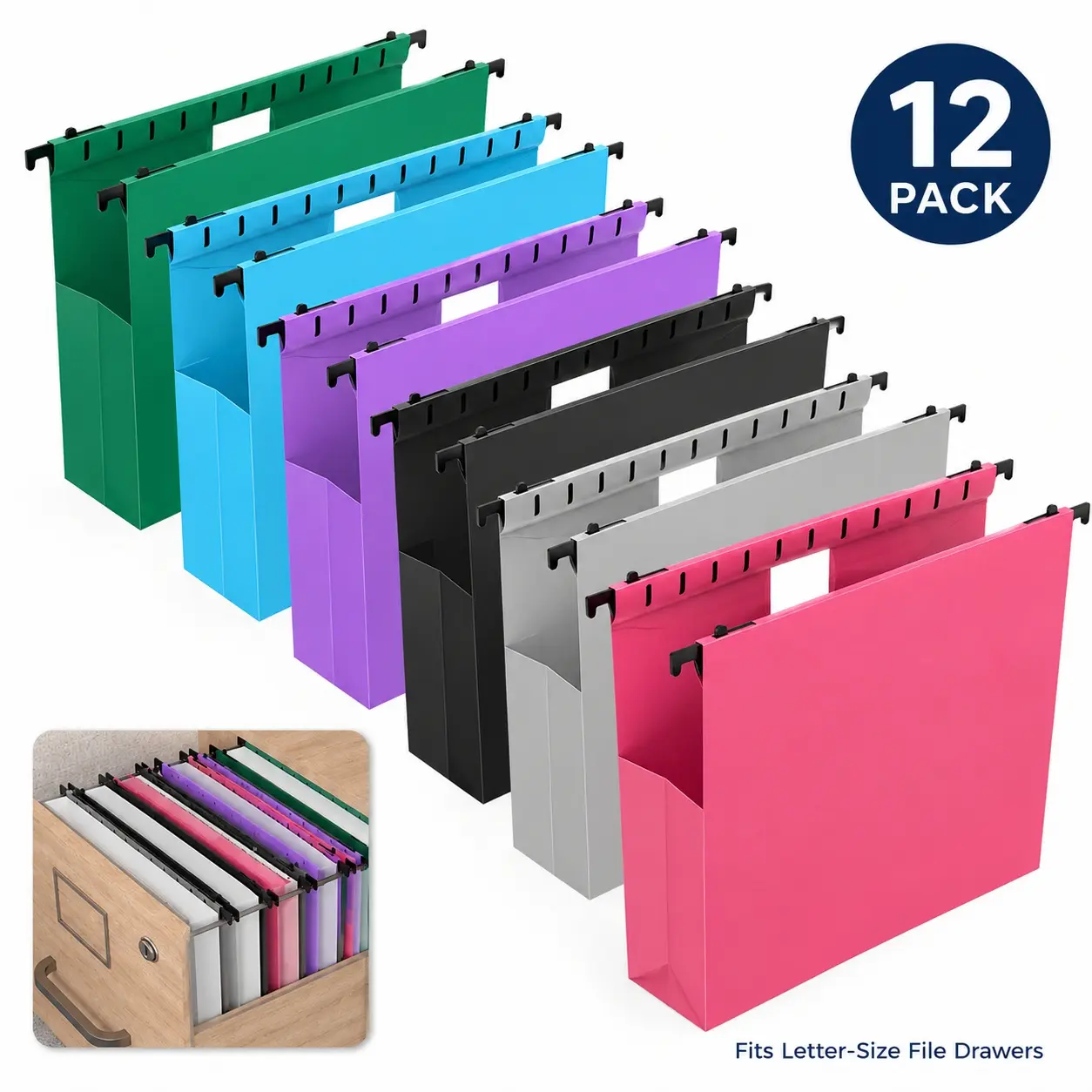 6/12 Pcs Reinforced Letter Hanging Folders Expandable, Plastic Extra Capacity Letter Size Hanging File Folders, Heavy Duty 2 Inch Expansion with Tabs,Filing Cabinet Folders for Bulky Files-Colorful, Perfect for A4&Letter Size