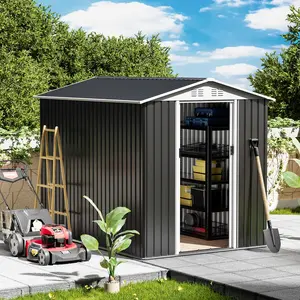 6x9 FT Metal Garden Shed with Hinge Door Grey Outdoor Tool House Apex Roof