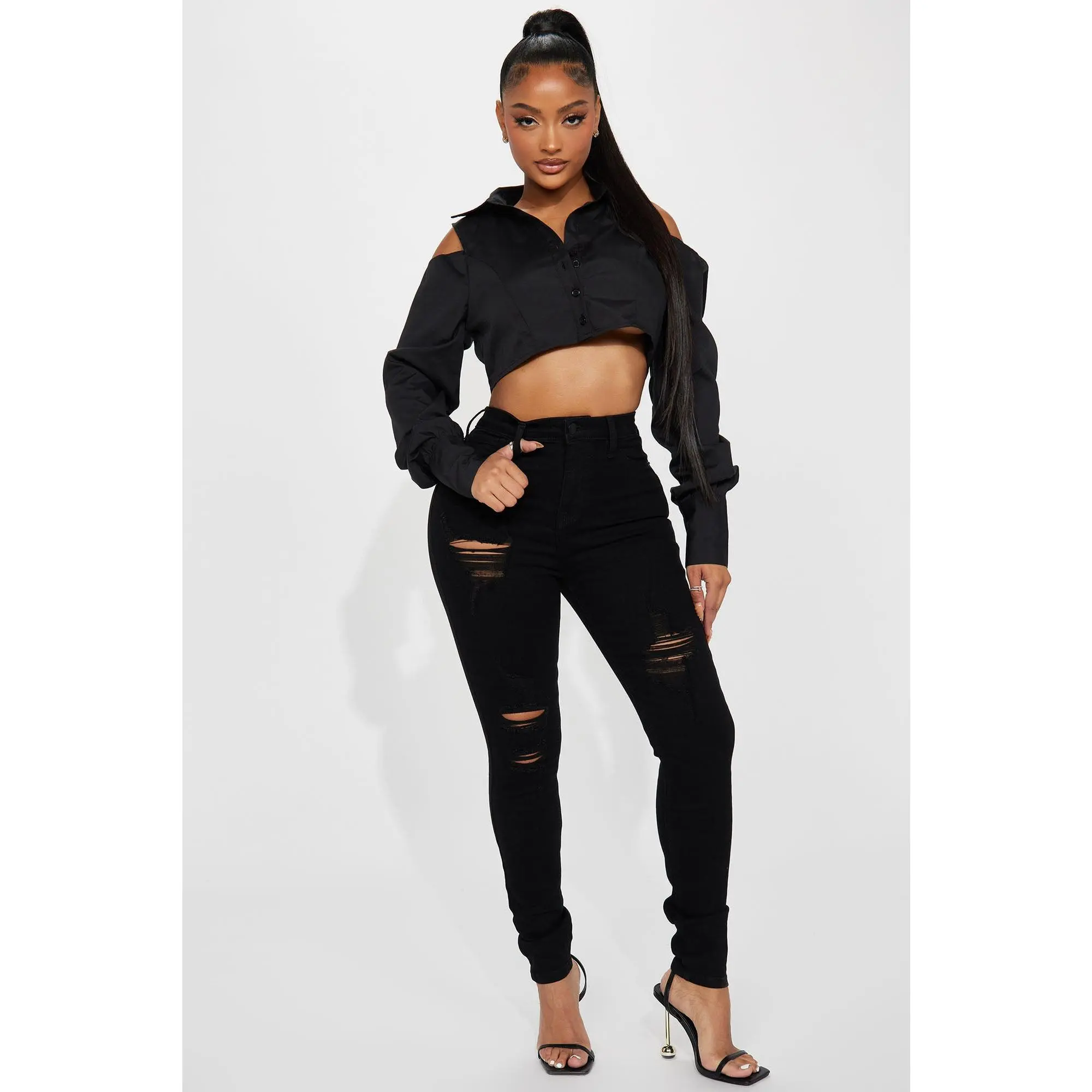 Miami Booty Lifting Ripped High Rise Stretch Skinny Jeans - Black