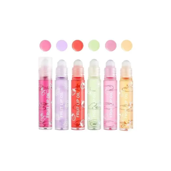 6-Piece Fruit Flavored Roll-On Lip Oil & Gloss Set — Long-Lasting, Moisturizing, Transparent & Kid-Safe — Festive Christmas Gift