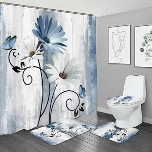 4-piece Set Country Style Blue Flower Farmhouse Shower Curtain Set, Waterproof Blue Daisy Floral Bathroom Decor Accessories Set