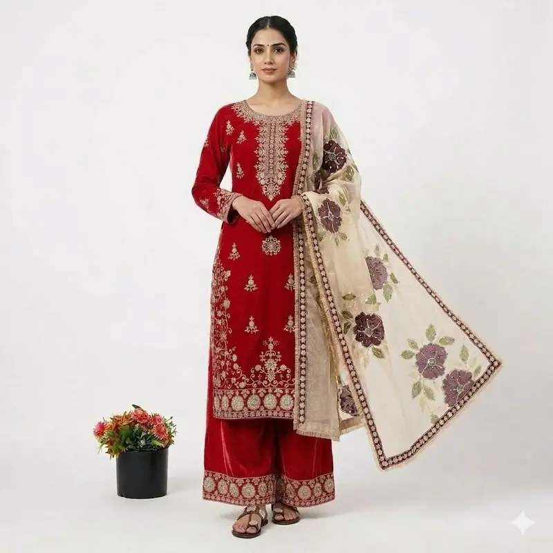 Women's 3-Piece Traditional Indian Panjabi Suit Set - Maroon & Beige, Short Sleeve, Embroidered Ethnic Costume Set for Party Wear (Womenswear & Ethnic Costumes)