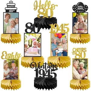 8 count 80th Birthday Decorations Honeycomb Centerpieces for Women Men, Black   1945 80th Bday Photo Table Centerpieces Party Supplies, Glitter Cheers to 80 Year Old Bday Table Topper