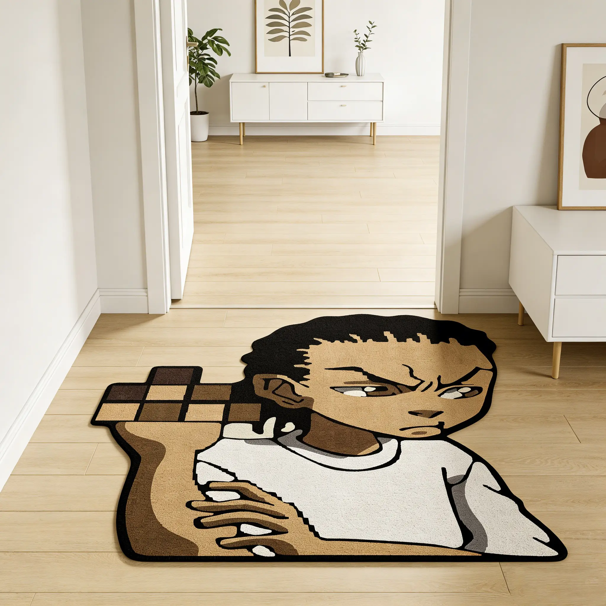 Trendy arm hugging boy, irregular carpet, Cartoon pattern rug, contrasting color plush floor mat, anti slip and wear-resistant, personalized home decoration, Household Decorative Rug, Soft Decorative Area Rug, Irregular Design Rug, Modern Area Rug
