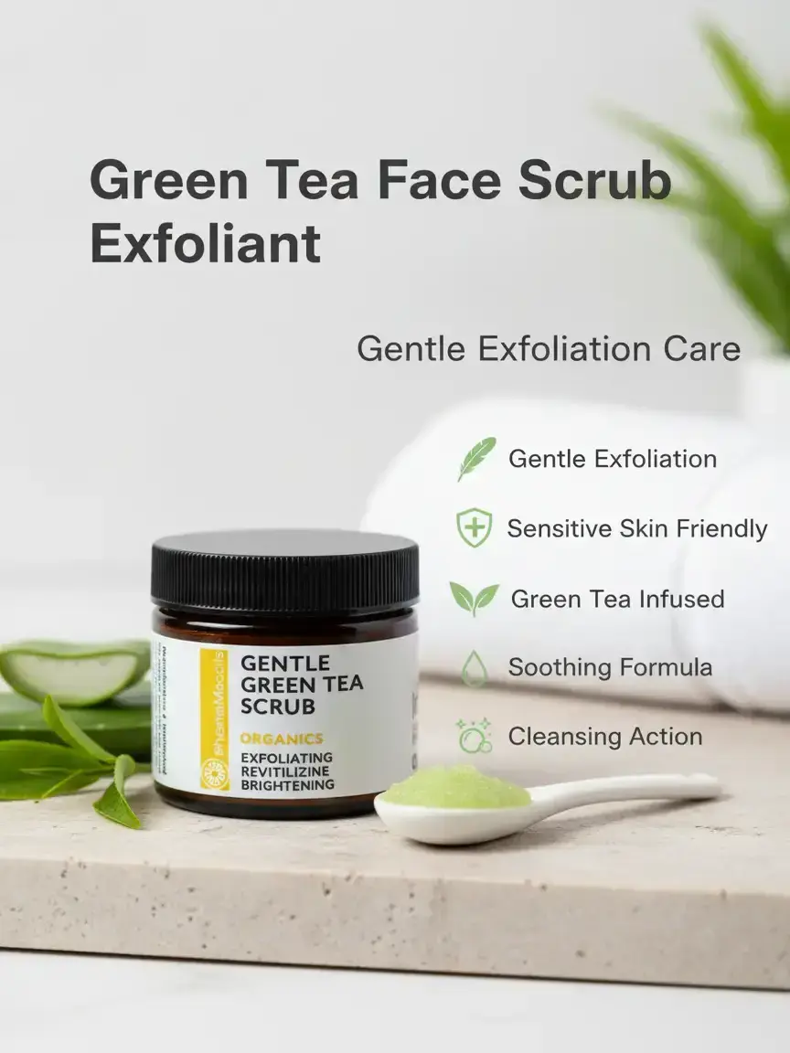Brightening Face Scrub and Gentle Physical Exfoliating Cleanser for Sensitive Skin with Soothing Green Tea, Chemical Free