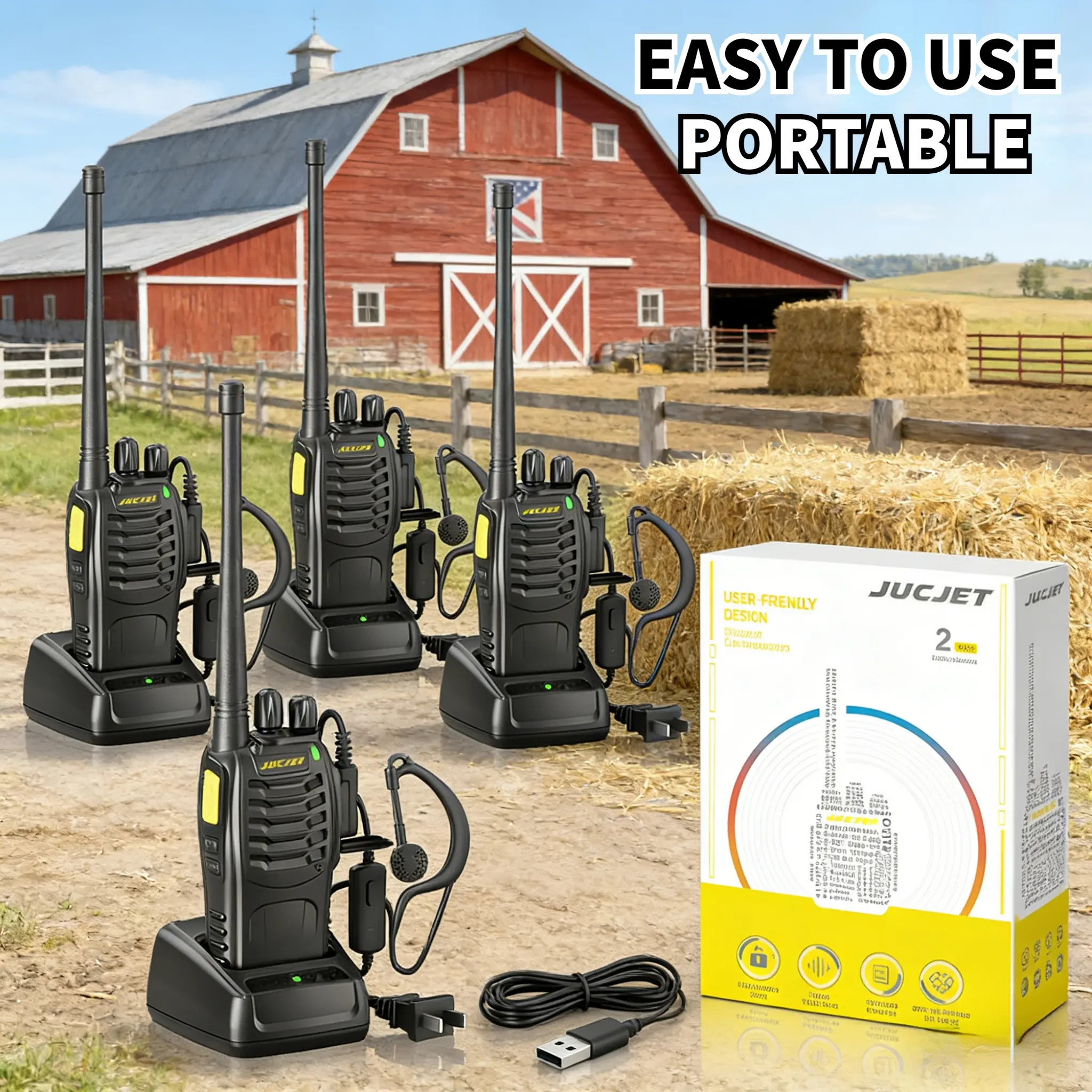 4-Pack Rechargeable Long-Range 2-Way Radios for Adults - 16 Channels, Charging Base, Headsets, Type-C Cable, 1-Click Pairing, Noise Reduction, Digital Encryption - Ideal for Family Outdoor Hiking (Black) antenna, Usb, Remote