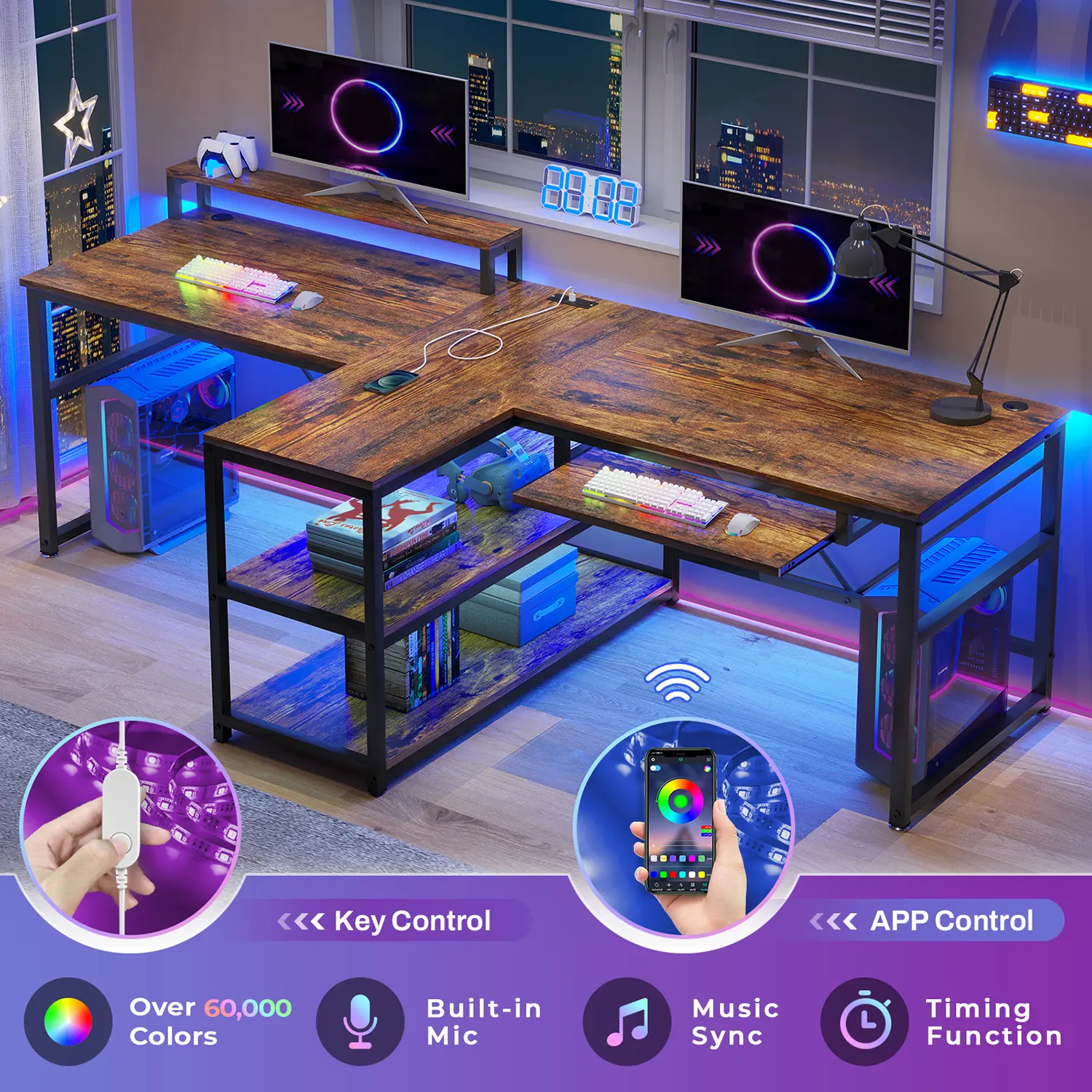 Sedeta 94.5" Modern Wood-Metal 2-Person Gaming Desk - Adjustable Monitor Mount, Storage, LED Lights, USB Power Strip, Keyboard Tray, Dual Monitor/Studio/Gaming Setup Home Office Furniture, Dual Monitor Setup