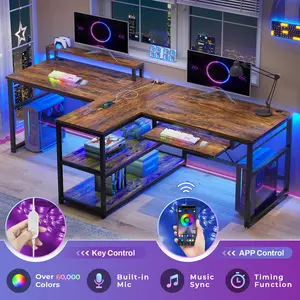 SEDETA 94.5" Home Office Desks, Computer Gaming Desk with Storage, LED Lights, Power Strip with USB, Keyboard Tray & Monitor Stand, Extra Long Double Desk for 2 Person