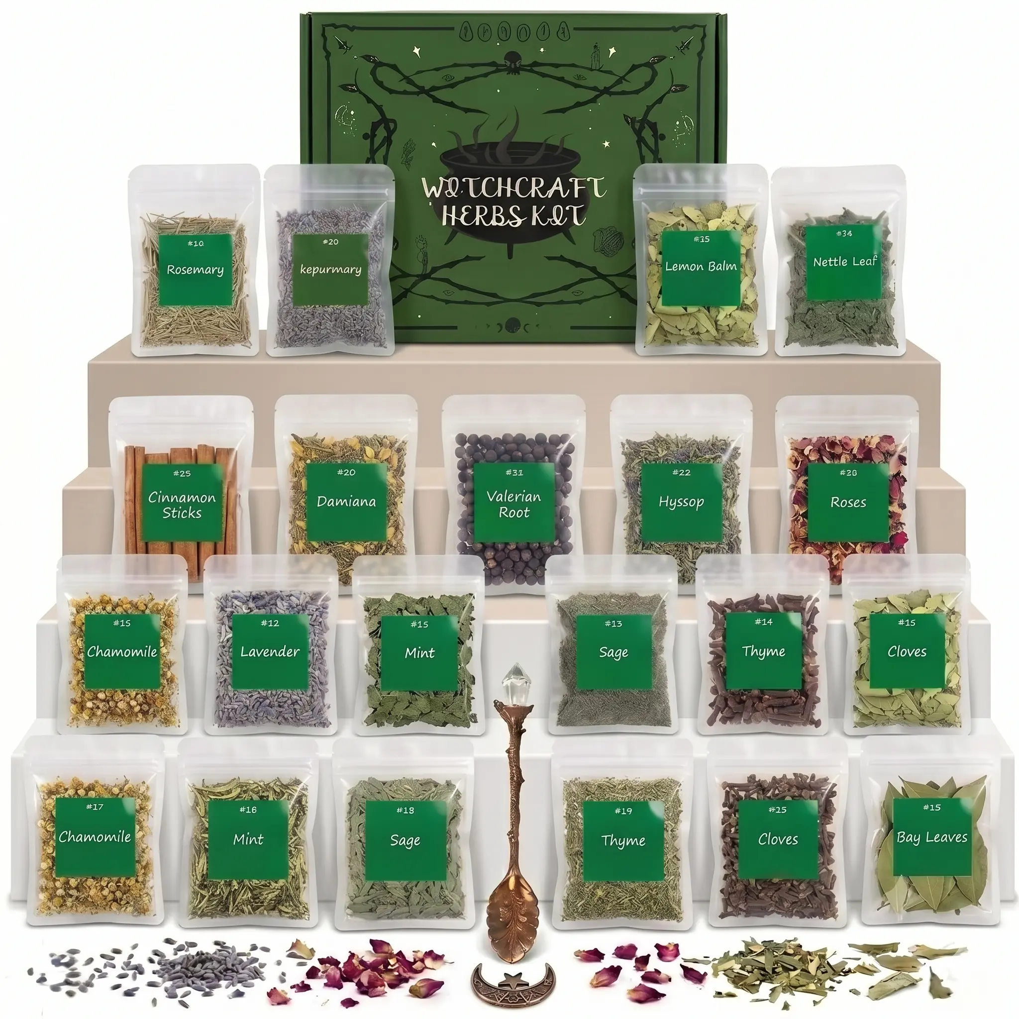 Beginner Witchcraft Starter Kit: 30pcs Herb Set with Crystals, Ritual Spoon & Spell Pouches. Perfect Magical Gift Box for Wiccan Practice.