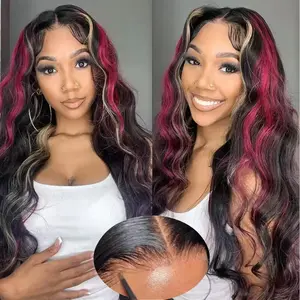 Red Blonde Highlight Lace Frontal Wig 13x4 Transpare Lace Front Wig Pre Plucked Body Wave Human Hair Wigs Pre Plucked For Black Women