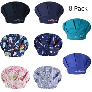 Bouffant Caps with Button and Sweatband, 8 Pack Adjustable Scrub Caps for Women Men, One Size Multi Color