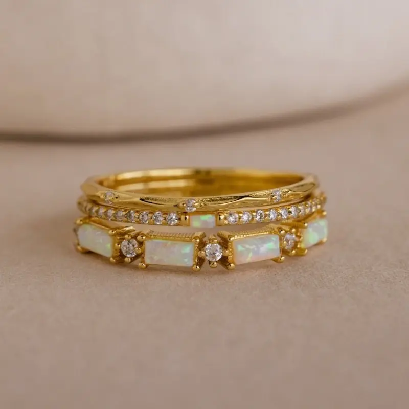 3pc Elegant Women's Synthetic Opal Stackable Ring Set - Wedding Promise Bride Eternity Ring - Anniversary Jewelry for Banquets & Parties - Ideal Daily Wear Gift, Stacking Rings, Promise Rings